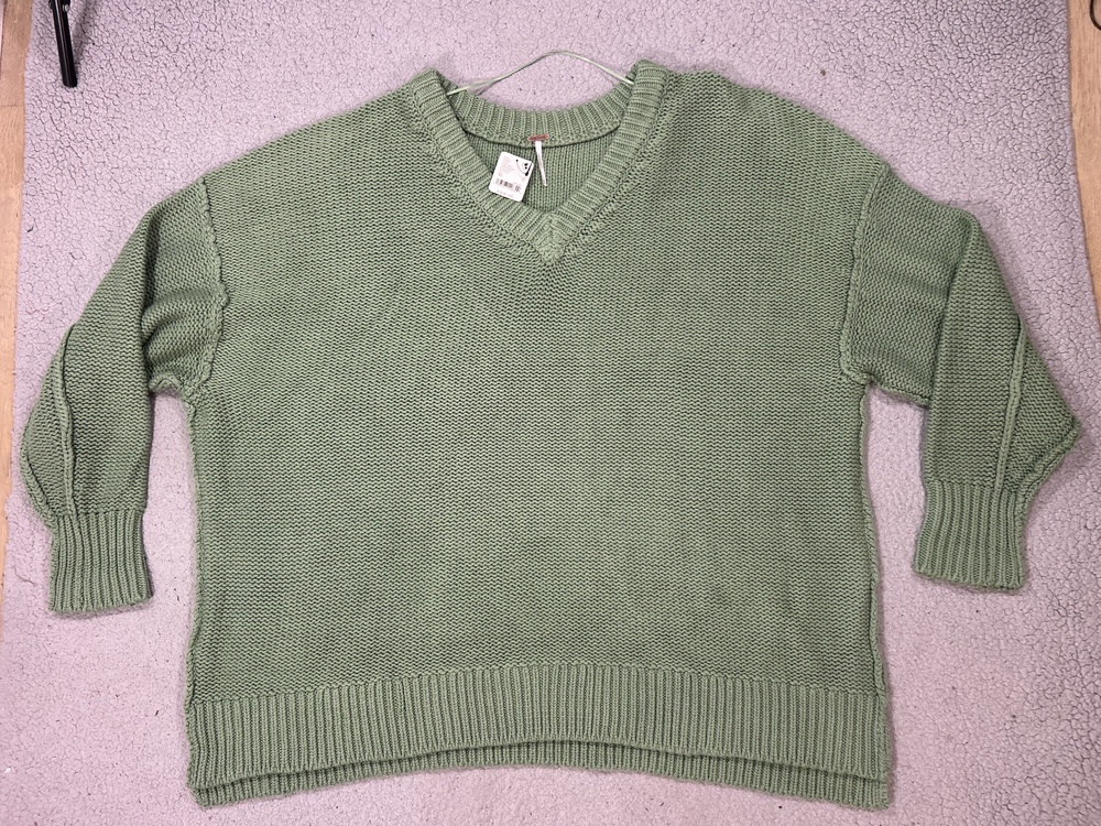 Free People Sweater Womens XL Green V Neck Chunky Knit Cotton Pullover Oversized